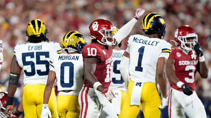 Oklahoma's Kip Lewis (10) celebrates a play in the second half of the college football game between the University of Oklahoma Sooner and the University of Michigan Wolverines at the Gaylord Family Ð Oklahoma Memorial Stadium in Norman, Okla., Saturday, Sept. 6, 2025.