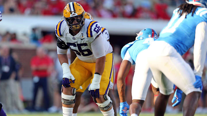Sep 30, 2023; Oxford, Mississippi, USA; LSU Tigers offensive linemen Will Campbell (66) waits for