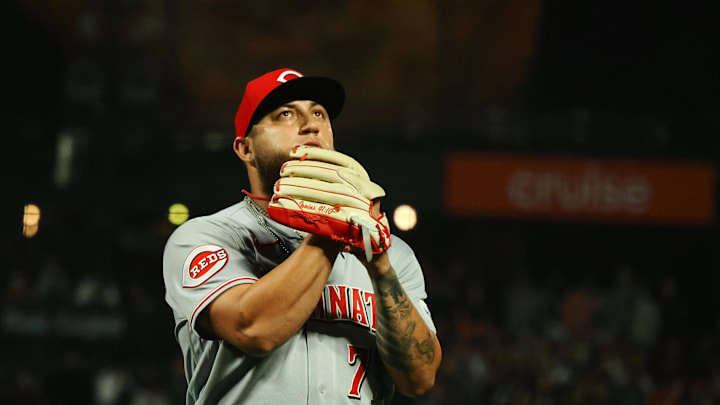 Aug 28, 2023; San Francisco, California, USA; Cincinnati Reds relief pitcher Daniel Duarte (77) reacts after the bottom of the eighth inning against the San Francisco Giants at Oracle Park. Mandatory Credit: Kelley L Cox-Imagn Images