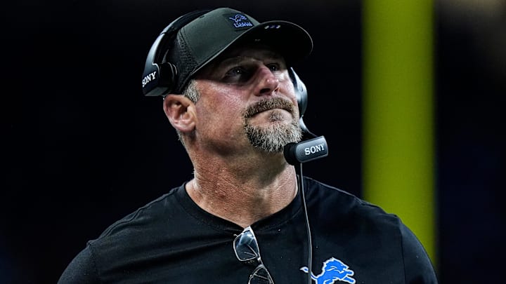 Detroit Lions head coach Dan Campbell looks on before a play against Green Bay Packers during the first half at Ford Field in Detroit on Thursday, Nov. 27, 2025.