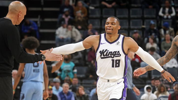 Feb 23, 2026; Memphis, Tennessee, USA; Sacramento Kings guard Russell Westbrook (18) reacts with head coach Doug Christie during a timeout during the fourth quarter against the Memphis Grizzlies at FedExForum. Mandatory Credit: Petre Thomas-Imagn Images Feb 23, 2026; Memphis, Tennessee, USA; Sacramento Kings guard Russell Westbrook (18) reacts with head coach Doug Christie during a timeout during the fourth quarter against the Memphis Grizzlies at FedExForum. Mandatory Credit: Petre Thomas-Imagn Images