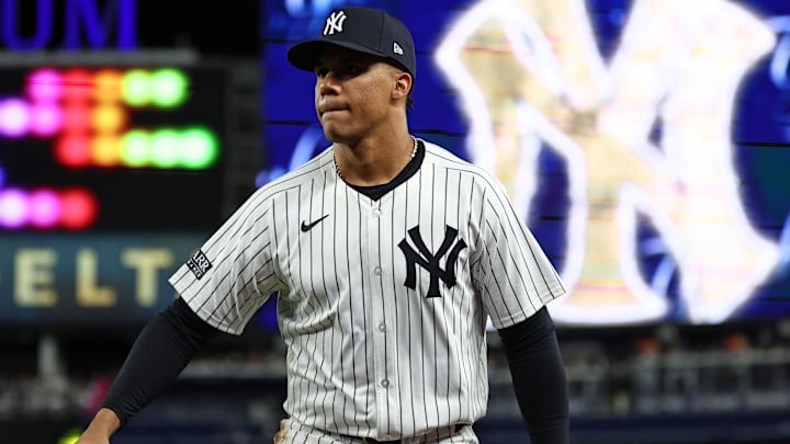 Oct 7, 2024; Bronx, New York, USA; New York Yankees outfielder Juan Soto (22) before the first inning for game two of the ALDS for the 2024 MLB Playoffs at Yankee Stadium. Mandatory Credit: Vincent Carchietta-Imagn Images Oct 7, 2024; Bronx, New York, USA; New York Yankees outfielder Juan Soto (22) before the first inning for game two of the ALDS for the 2024 MLB Playoffs at Yankee Stadium. Mandatory Credit: Vincent Carchietta-Imagn Images