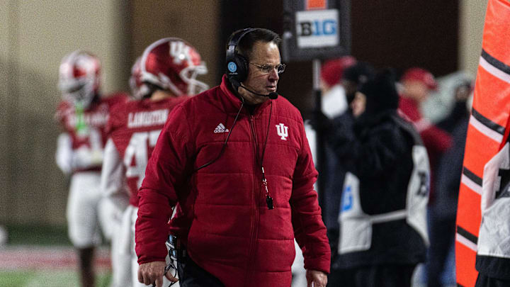 Nov 30, 2024; Bloomington, Indiana, USA;  Indiana Hoosiers head coach Curt Cignetti  in the second half against the Purdue Boilermakers at Memorial Stadium. Mandatory Credit: Trevor Ruszkowski-Imagn Images