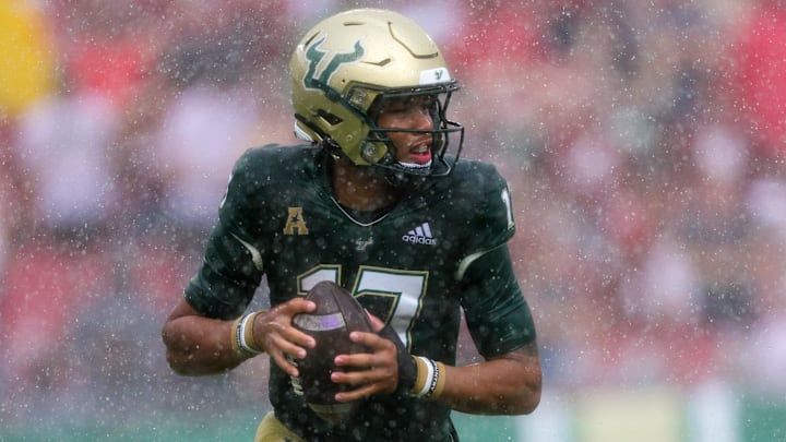Sep 16, 2023; Tampa, Florida, USA;  South Florida Bulls quarterback Byrum Brown (17) drops back to pass against the Alabama Crimson Tide in the second quarter at Raymond James Stadium. Mandatory Credit: Nathan Ray Seebeck-USA TODAY Sports