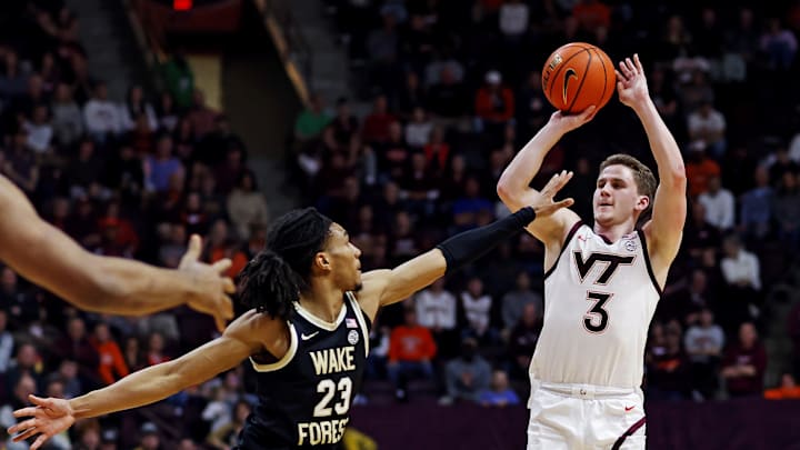 Mar 2, 2024; Blacksburg, Virginia, USA; Virginia Tech Hokies guard Sean Pedulla (3) shoots the ball