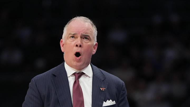 Mar 10, 2026; Charlotte, NC, USA; Virginia Tech Hokies head coach Mike Young reacts in the first half at Spectrum Center. Mandatory Credit: Bob Donnan-Imagn Images Mar 10, 2026; Charlotte, NC, USA; Virginia Tech Hokies head coach Mike Young reacts in the first half at Spectrum Center. Mandatory Credit: Bob Donnan-Imagn Images