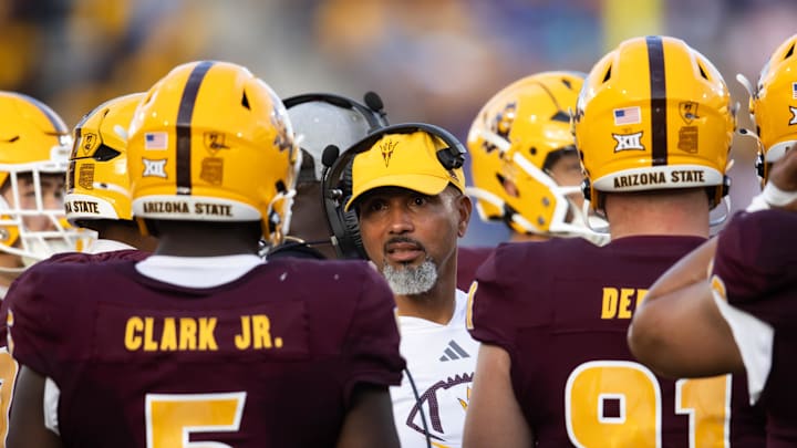 Nov 23, 2024; Tempe, Arizona, USA; Arizona State Sun Devils defensive line coach Diron Reynolds against the Brigham Young Cougars at Mountain America Stadium. Mandatory Credit: Mark J. Rebilas-Imagn Images
