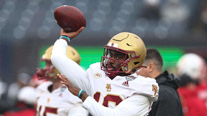 Dec 28, 2024; Bronx, NY, USA; Boston College Eagles quarterback Jacobe Robinson (16) warms up before the game against the Nebraska Cornhuskers at Yankee Stadium. Mandatory Credit: Vincent Carchietta-Imagn Images