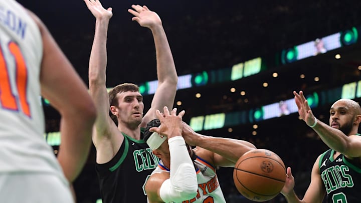 May 14, 2025; Boston, Massachusetts, USA: New York Knicks guard Josh Hart (3) gets an elbow in the eye from Boston Celtics center Luke Kornet (40) in the first half during game five of the second round for the 2025 NBA Playoffs at TD Garden. Mandatory Credit: Bob DeChiara-Imagn Images