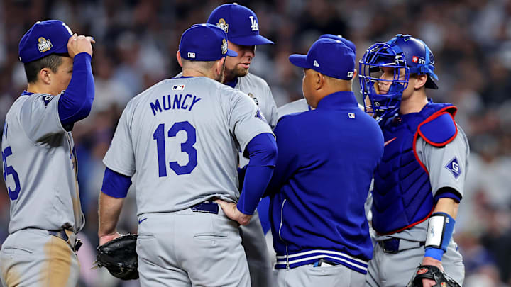 Oct 30, 2024; New York, New York, USA; Los Angeles Dodgers manager Dave Roberts (30) talks to pitcher Blake Treinen (49) on the mound during the eighth inning against the New York Yankees in game four of the 2024 MLB World Series at Yankee Stadium. Mandatory Credit: Brad Penner-Imagn Images Oct 30, 2024; New York, New York, USA; Los Angeles Dodgers manager Dave Roberts (30) talks to pitcher Blake Treinen (49) on the mound during the eighth inning against the New York Yankees in game four of the 2024 MLB World Series at Yankee Stadium. Mandatory Credit: Brad Penner-Imagn Images