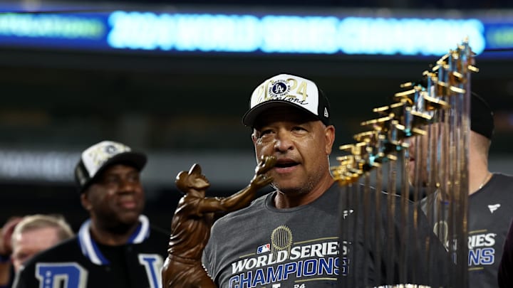 Oct 30, 2024; New York, New York, USA; Los Angeles Dodgers manager Dave Roberts (30) celebrates after winning the 2024 MLB World Series against the New York Yankees at Yankee Stadium. Oct 30, 2024; New York, New York, USA; Los Angeles Dodgers manager Dave Roberts (30) celebrates after winning the 2024 MLB World Series against the New York Yankees at Yankee Stadium.