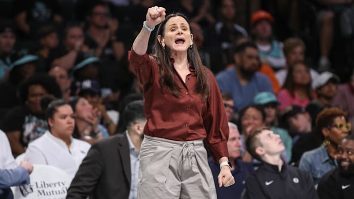 Jul 3, 2025; Brooklyn, New York, USA;  New York Liberty head coach Sandy Brondello at Barclays Center. Mandatory Credit: Wendell Cruz-Imagn Images