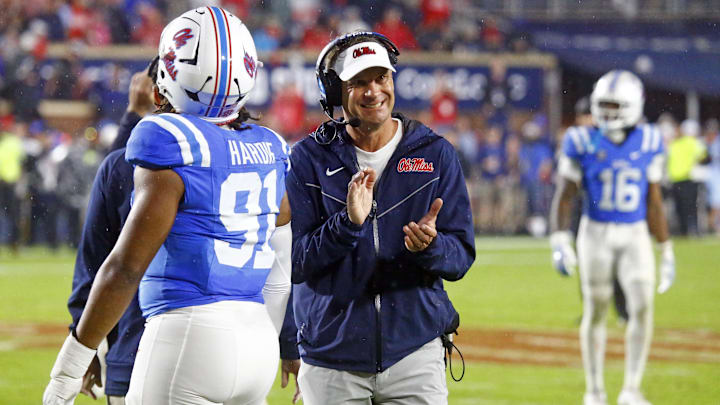 Nov 9, 2024; Oxford, Mississippi, USA; Mississippi Rebels head coach Lane Kiffin reacts near the end of the game during the second half  against the Georgia Bulldogs at Vaught-Hemingway Stadium. Mandatory Credit: Petre Thomas-Imagn Images