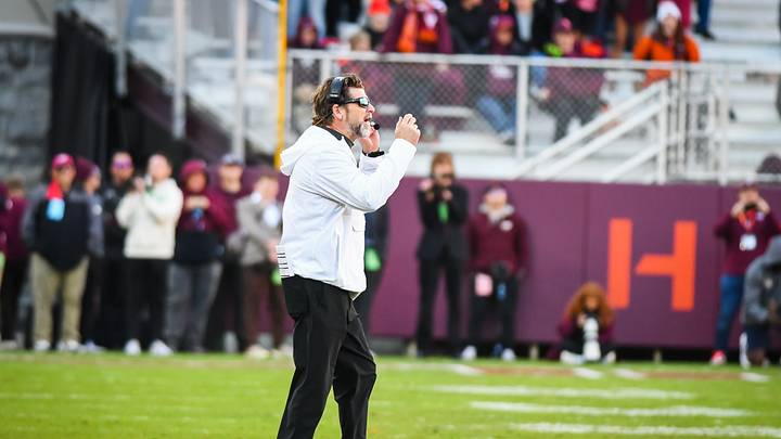Oct 17, 2026; Blacksburg, Virginia, USA;  Virginia Tech Hokies defensive coordinator Brent Pry gives his defense instructions during the second quarter against the Georgia Tech Yellow Jackets at Lane Stadium.  Mandatory Credit: Brian Bishop-Imagn Images