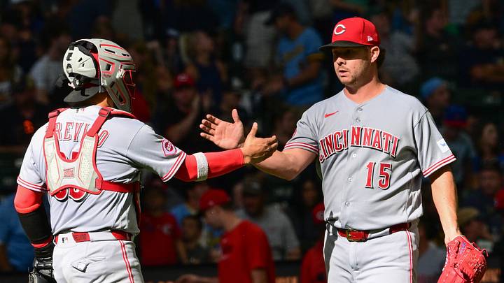 Sep 13, 2026; Milwaukee, Wisconsin, USA; Cincinnati Reds pitcher Emilio Pagan (15) celebrates with catcher Jose Trevino (35) after picking up a save to beat the Milwaukee Brewers at American Family Field. Mandatory Credit: Benny Sieu-Imagn Images Sep 13, 2026; Milwaukee, Wisconsin, USA; Cincinnati Reds pitcher Emilio Pagan (15) celebrates with catcher Jose Trevino (35) after picking up a save to beat the Milwaukee Brewers at American Family Field. Mandatory Credit: Benny Sieu-Imagn Images