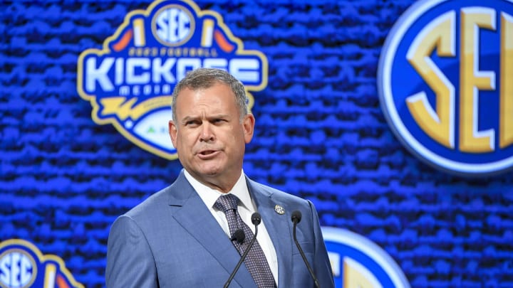 Jul 18, 2023; Nashville, TN, USA; SEC coordinator of football officials John McDaid speaks with the media during SEC Media Days at Grand Hyatt.