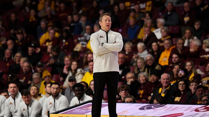 Dec 14, 2025; Minneapolis, Minnesota, USA; Minnesota Golden Gophers head coach Niko Medved looks on during the second half against the Texas Southern Tigers at Williams Arena. Mandatory Credit: Matt Krohn-Imagn Images