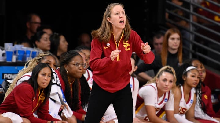 Mar 22, 2025; Los Angeles, California, USA; USC Trojans head coach Lindsay Gottlieb during the fourth quarter of an NCAA Tournament game against the UNC Greensboro Spartans at Galen Center. Mandatory Credit: Robert Hanashiro-Imagn Images