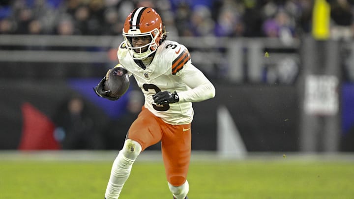Jan 4, 2025; Baltimore, Maryland, USA; Cleveland Browns wide receiver Jerry Jeudy (3) runs after a second half catch against the Baltimore Ravens  at M&T Bank Stadium. Mandatory Credit: Tommy Gilligan-Imagn Images