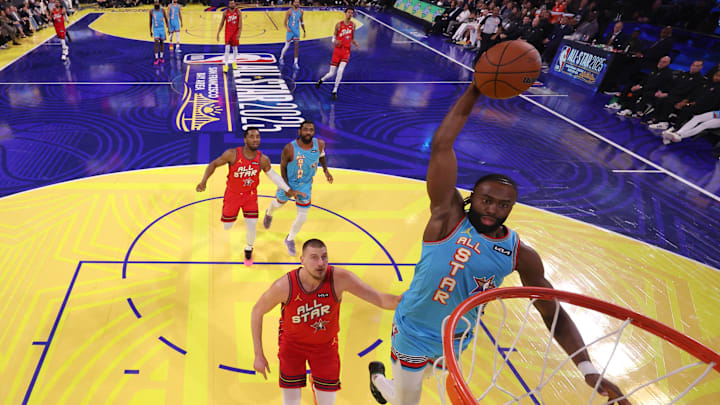 Feb 16, 2025; San Francisco, CA, USA; Shaq’s OGs guard Jaylen Brown (7) of the Boston Celtics shoots against Chuck’s Global Stars center Nikola Jokic (15) of the Denver Nuggets during the 2025 NBA All Star Game at Chase Center. Mandatory Credit: Ezra Shaw-Pool Photo via Imagn Images