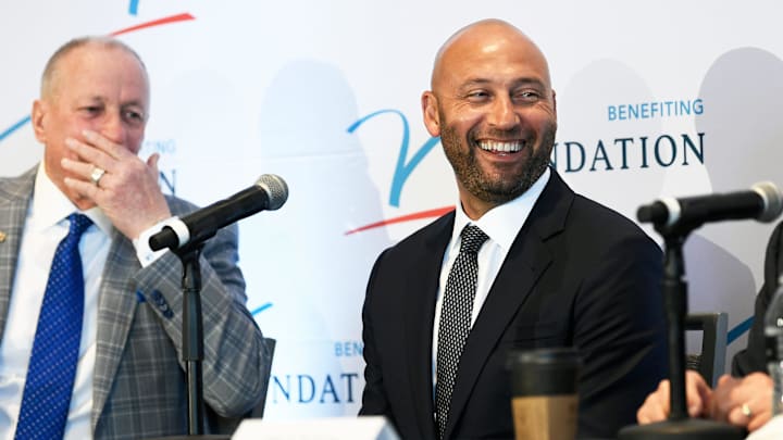MLB Hall of Famer Derek Jeter is flanked by former Buffalo Bills quarterback Jim Kelly and Dick Vitale at last year's 19th Annual Dick Vitale Gala.