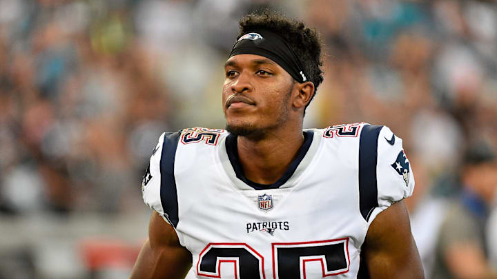 Sep 16, 2018; Jacksonville, FL, USA; New England Patriots defensive back Eric Rowe (25) leaves the field after the game against the Jacksonville Jaguars at TIAA Bank Field.