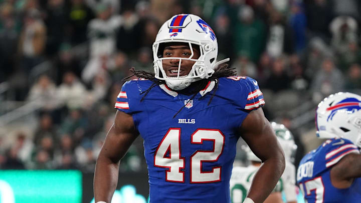 Oct 14, 2024; East Rutherford, New Jersey, USA; Buffalo Bills linebacker Dorian Williams (42) reacts during the second half against New York Jets at MetLife Stadium. Mandatory Credit: Lucas Boland-Imagn Images