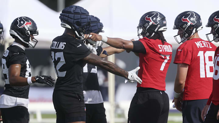 Jul 24, 2025; Houston, TX, USA; Houston Texans wide receiver Nico Collins (12) and quarterback C.J. Stroud (7) during training camp at Houston Methodist Training Center. Mandatory Credit: Troy Taormina-Imagn Images Jul 24, 2025; Houston, TX, USA; Houston Texans wide receiver Nico Collins (12) and quarterback C.J. Stroud (7) during training camp at Houston Methodist Training Center. Mandatory Credit: Troy Taormina-Imagn Images