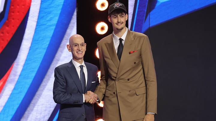 Jun 23, 2026; New York, NY, USA; NBA commissioner Adam Silver greets the twelfth pick in the 2026 NBA draft, Michigan center Aday Mara after he was selected by the Oklahoma City Thunder at Barclays Center. Mandatory Credit: Brad Penner-Imagn Images Jun 23, 2026; New York, NY, USA; NBA commissioner Adam Silver greets the twelfth pick in the 2026 NBA draft, Michigan center Aday Mara after he was selected by the Oklahoma City Thunder at Barclays Center. Mandatory Credit: Brad Penner-Imagn Images