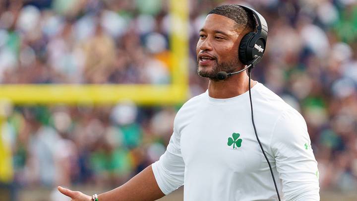 Notre Dame head coach Marcus Freeman during a NCAA football game against Rice at Notre Dame Stadium on Saturday, Sept. 12, 2026, in South Bend.