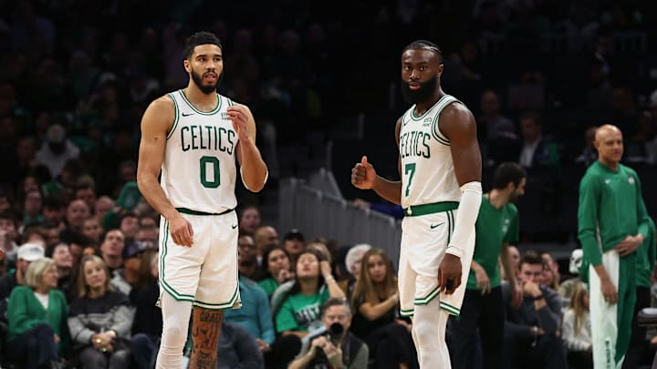 Nov 26, 2023; Boston, Massachusetts, USA; Boston Celtics forward Jayson Tatum (0) and guard Jaylen