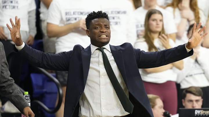 Nov 8, 2024; Milwaukee, Wisconsin, USA;  George Mason Patriots head coach Tony Skinn signals to his players during the first half against the Marquette Golden Eagles at Al McGuire Center. Mandatory Credit: Jeff Hanisch-Imagn Images