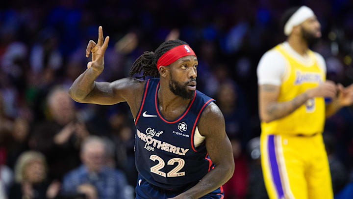 Nov 27, 2023; Philadelphia, Pennsylvania, USA; Philadelphia 76ers guard Patrick Beverley (22) reacts to his three pointer against the Los Angeles Lakers during the second quarter at Wells Fargo Center. Mandatory Credit: Bill Streicher-Imagn Images