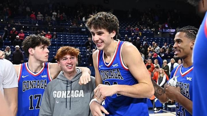 Dec 17, 2025; Spokane, Washington, USA; Gonzaga Bulldogs forward Braden Huff (34) celebrates after a game against the Campbell Fighting Camels at McCarthey Athletic Center. Gonzaga Bulldogs won 98-70. Mandatory Credit: James Snook-Imagn Images