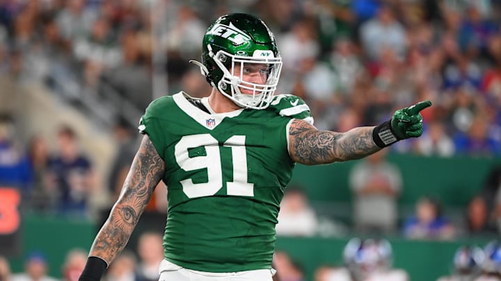 Aug 24, 2024; East Rutherford, New Jersey, USA; New York Jets defensive end Braiden McGregor (91) gestures to the sidelines against the New York Giants during the first half at MetLife Stadium. Mandatory Credit: Rich Barnes-USA TODAY Sports
