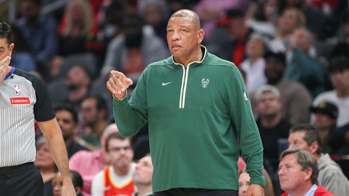 Mar 30, 2024; Atlanta, Georgia, USA; Milwaukee Bucks head coach Doc Rivers on the sideline against the Atlanta Hawks in the second quarter at State Farm Arena. Mandatory Credit: Brett Davis-USA TODAY Sports