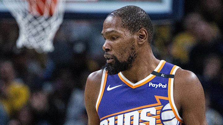 Phoenix Suns forward Kevin Durant reacts in the first half against the Indiana Pacers.