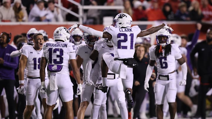 Oct 19, 2024; Salt Lake City, Utah, USA; TCU Horned Frogs safety Bud Clark (21) celebrates an interception against the Utah Utes with teammates during the fourth quarter at Rice-Eccles Stadium. Mandatory Credit: Rob Gray-Imagn Images