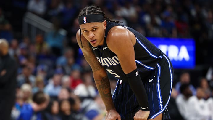 Orlando Magic forward Paolo Banchero looks on against the Indiana Pacers in the second quarter of an October 28 game at Kia Center. 