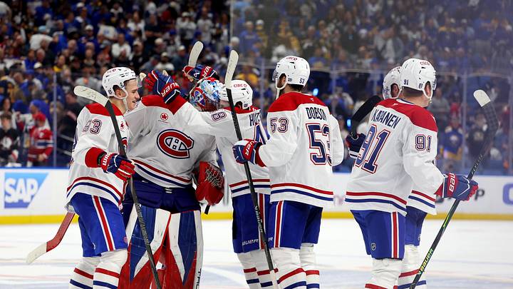 May 18, 2026; Buffalo, New York, USA; The Montréal Canadiens celebrate an overtime win over the Buffalo Sabres in game seven of the second round of the 2026 Stanley Cup Playoffs at KeyBank Center. Mandatory Credit: Timothy T. Ludwig-Imagn Images May 18, 2026; Buffalo, New York, USA; The Montréal Canadiens celebrate an overtime win over the Buffalo Sabres in game seven of the second round of the 2026 Stanley Cup Playoffs at KeyBank Center. Mandatory Credit: Timothy T. Ludwig-Imagn Images