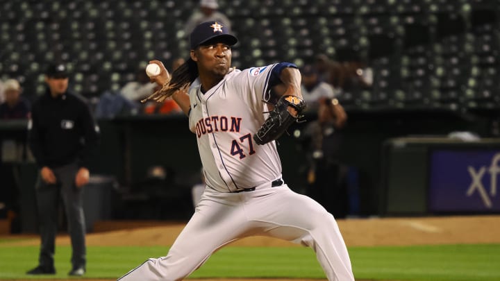 Jul 22, 2024; Oakland, California, USA; Houston Astros relief pitcher Rafael Montero (47) pitches the ball against the Oakland Athletics during the eighth inning at Oakland-Alameda County Coliseum. Mandatory Credit: Kelley L Cox-USA TODAY Sports Jul 22, 2024; Oakland, California, USA; Houston Astros relief pitcher Rafael Montero (47) pitches the ball against the Oakland Athletics during the eighth inning at Oakland-Alameda County Coliseum. Mandatory Credit: Kelley L Cox-USA TODAY Sports