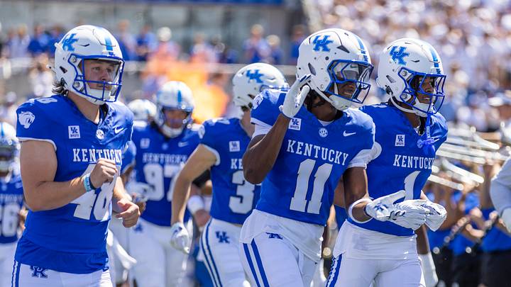 Sep 5, 2026; Lexington, Kentucky, USA; The Kentucky Wildcats take the field before the game against the Youngstown State Penguins at Kroger Field. Mandatory Credit: Arden Barnes-Imagn Images