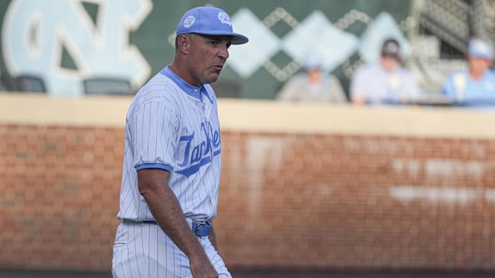 May 31, 2024; Chapel Hill, NC, USA; North Carolina Head Coach Scott Forbes during the NCAA regional against the LIU Sharks in Chapel Hill, NC. Mandatory Credit: Jim Dedmon-Imagn Images