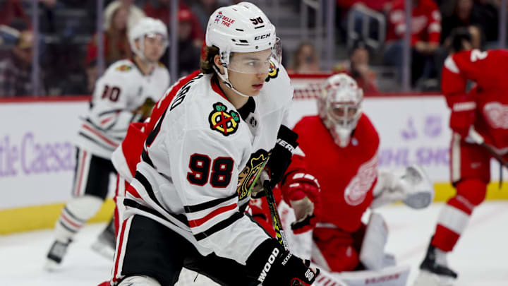 Nov 30, 2023; Detroit, Michigan, USA; Chicago Blackhawks center Connor Bedard (98) skates with the puck in the third period against the Detroit Red Wings at Little Caesars Arena. Mandatory Credit: Rick Osentoski-Imagn Images Nov 30, 2023; Detroit, Michigan, USA; Chicago Blackhawks center Connor Bedard (98) skates with the puck in the third period against the Detroit Red Wings at Little Caesars Arena. Mandatory Credit: Rick Osentoski-Imagn Images