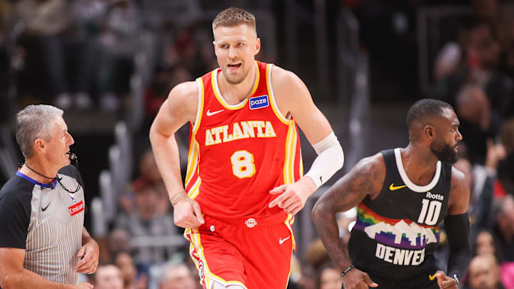 Dec 5, 2025; Atlanta, Georgia, USA; Atlanta Hawks center Kristaps Porzingis (8) reacts after a basket against the Denver Nuggets in the third quarter at State Farm Arena. Mandatory Credit: Brett Davis-Imagn Images Dec 5, 2025; Atlanta, Georgia, USA; Atlanta Hawks center Kristaps Porzingis (8) reacts after a basket against the Denver Nuggets in the third quarter at State Farm Arena. Mandatory Credit: Brett Davis-Imagn Images