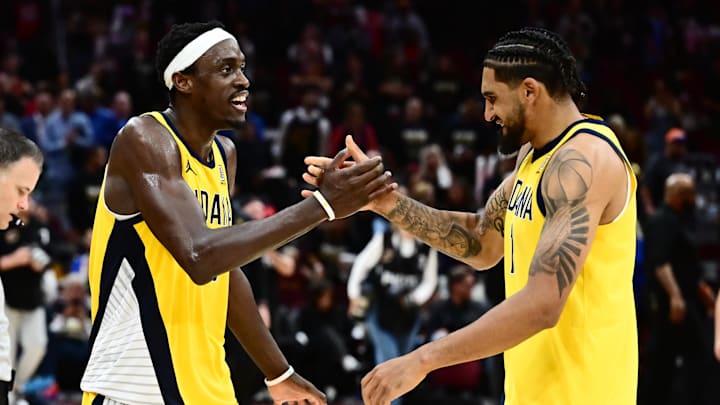 May 13, 2025; Cleveland, Ohio, USA; Indiana Pacers forward Pascal Siakam (43) celebrates with forward Obi Toppin (1) during the second half of game five against the Cleveland Cavaliers in the second round for the 2025 NBA Playoffs at Rocket Arena. Mandatory Credit: Ken Blaze-Imagn Images