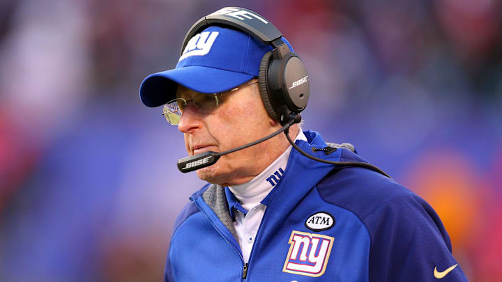 Dec 20, 2015; East Rutherford, NJ, USA; New York Giants head coach Tom Coughlin coaches against the Carolina Panthers during the fourth quarter at MetLife Stadium. The Panthers defeated the Giants 38-35. Dec 20, 2015; East Rutherford, NJ, USA; New York Giants head coach Tom Coughlin coaches against the Carolina Panthers during the fourth quarter at MetLife Stadium. The Panthers defeated the Giants 38-35.
