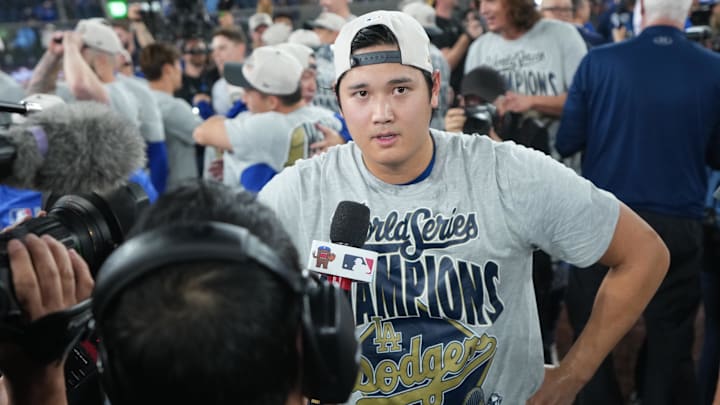 Nov 1, 2025; Toronto, Ontario, CAN; Los Angeles Dodgers two-way player Shohei Ohtani (17) reacts after defeating the Toronto Blue Jays in the eleventh inning for game seven of the 2025 MLB World Series at Rogers Centre. Mandatory Credit: Nick Turchiaro-Imagn Images