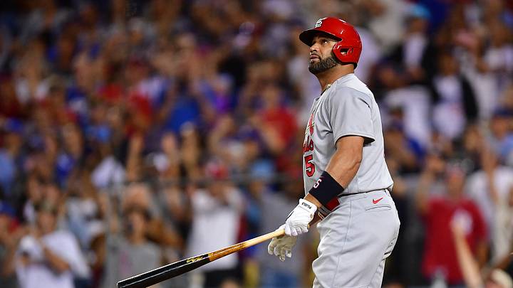Sep 23, 2022; Los Angeles, California, USA; St. Louis Cardinals designated hitter Albert Pujols (5) hits a three run home run against the St. Louis Cardinals during the fourth inning at Dodger Stadium. The home run is the 700th of Albert Pujols career. Mandatory Credit: Gary A. Vasquez-USA TODAY Sports Sep 23, 2022; Los Angeles, California, USA; St. Louis Cardinals designated hitter Albert Pujols (5) hits a three run home run against the St. Louis Cardinals during the fourth inning at Dodger Stadium. The home run is the 700th of Albert Pujols career. Mandatory Credit: Gary A. Vasquez-USA TODAY Sports