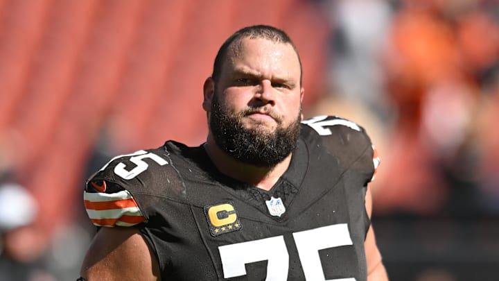 Sep 7, 2025; Cleveland, Ohio, USA; Cleveland Browns guard Joel Bitonio (75) at Huntington Bank Field. Mandatory Credit: Ken Blaze-Imagn Images
